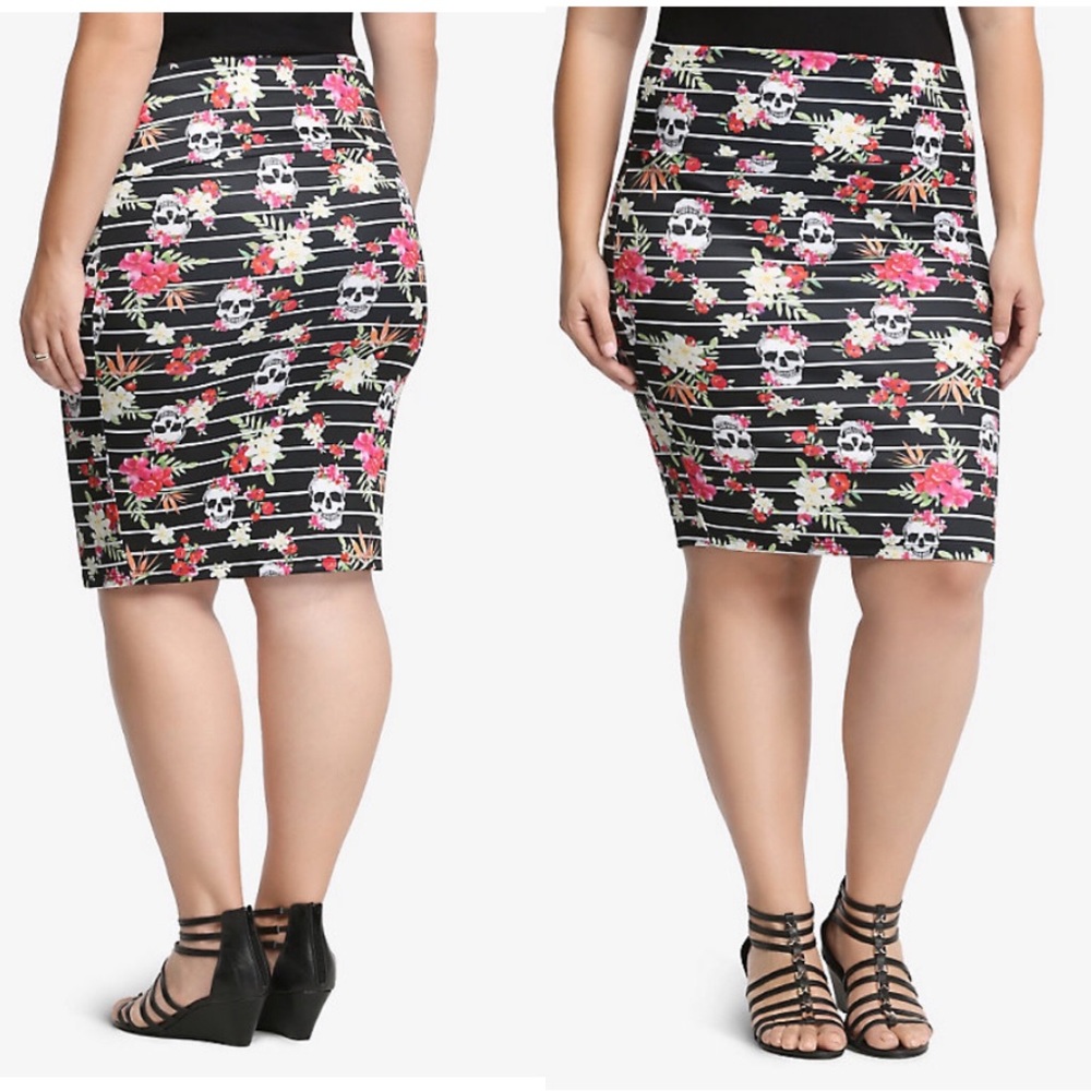 Torrid Striped Skulls & Floral Bodycon Skirt
